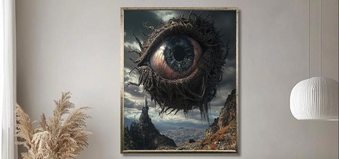 Surreal Floating Eye In Landscape Art Dark Fantasy World With Giant Eye And Gothic Castle Mysterious Wall Decor For Living Room