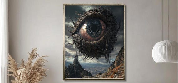 Surreal Floating Eye In Landscape Art Dark Fantasy World With Giant Eye And Gothic Castle Mysterious Wall Decor For Living Room