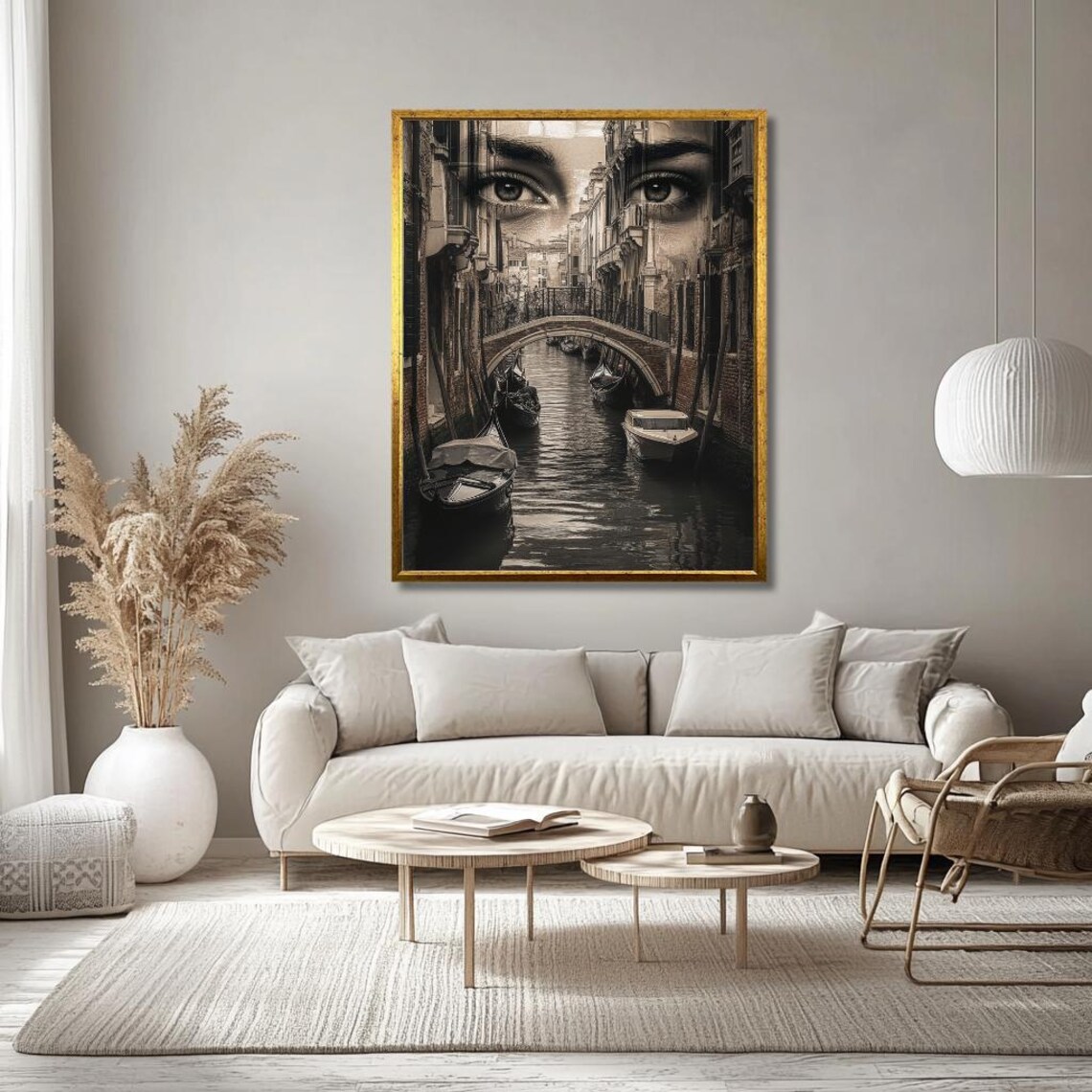 Surreal Venice Canal With Stone Bridge And Giant Eyes In Sky Poster - Image 3
