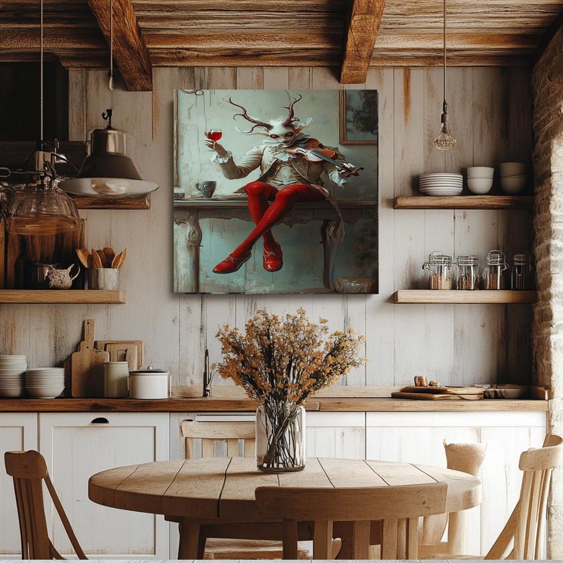 Horned Skeleton Violinist With Red Wine Dark Surreal Art Poster - Image 3