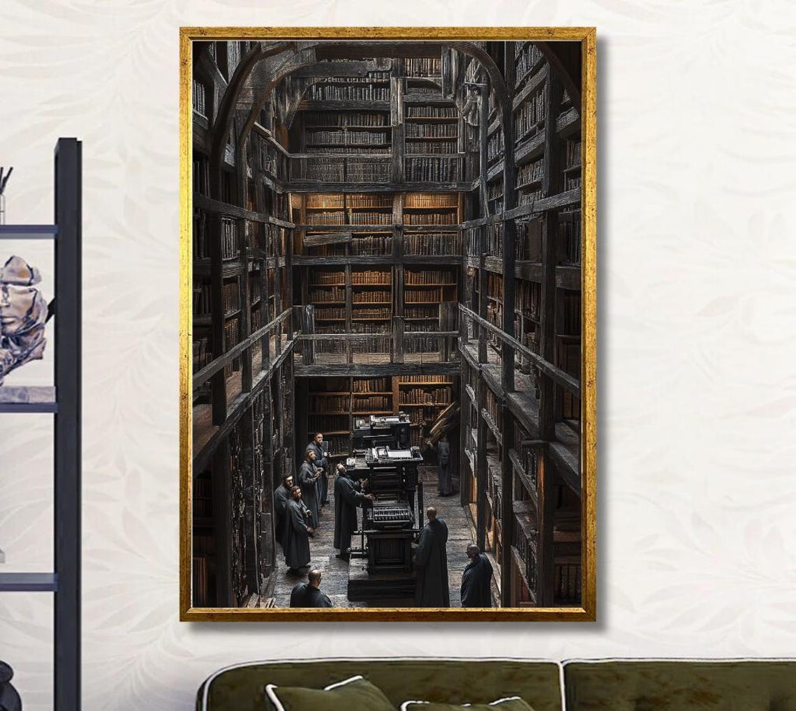 Gothic Grand Library with Scholars Moody Dark Academia Art Poster - Image 2
