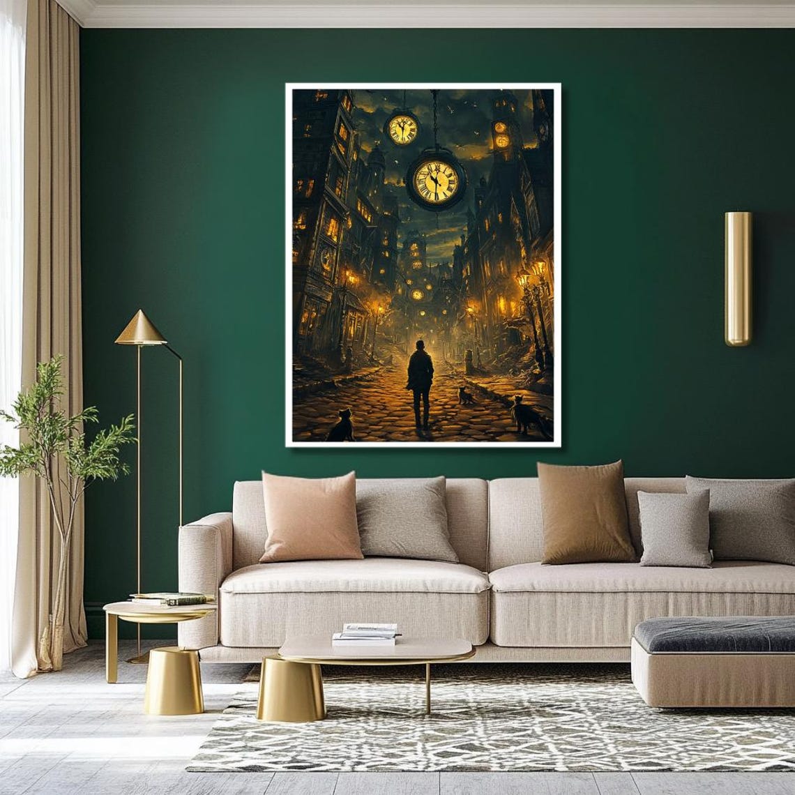 Steampunk Clockwork City Street Glowing Giant Clocks Night Poster - Image 2