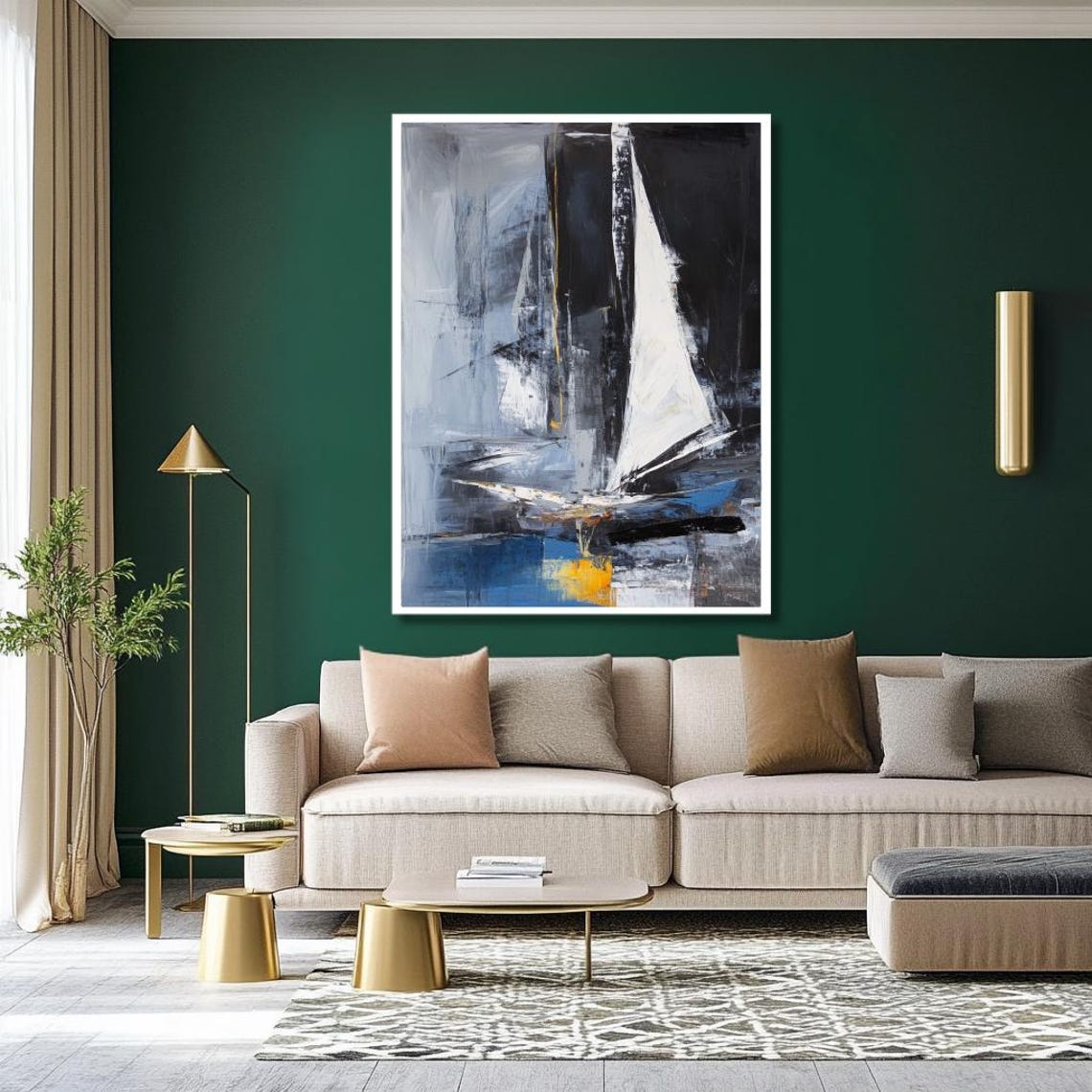 Abstract Sailboat Wall Art Modern Nautical Painting In Blue White And Gray Contemporary Sailboat Decor For Living Room - Image 2