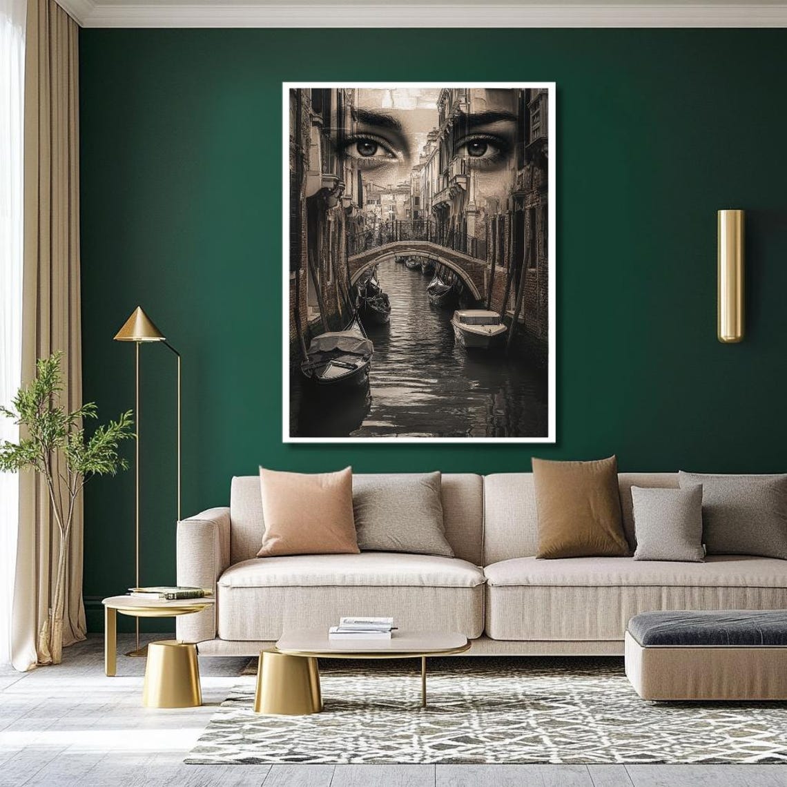 Surreal Venice Canal With Stone Bridge And Giant Eyes In Sky Poster - Image 2