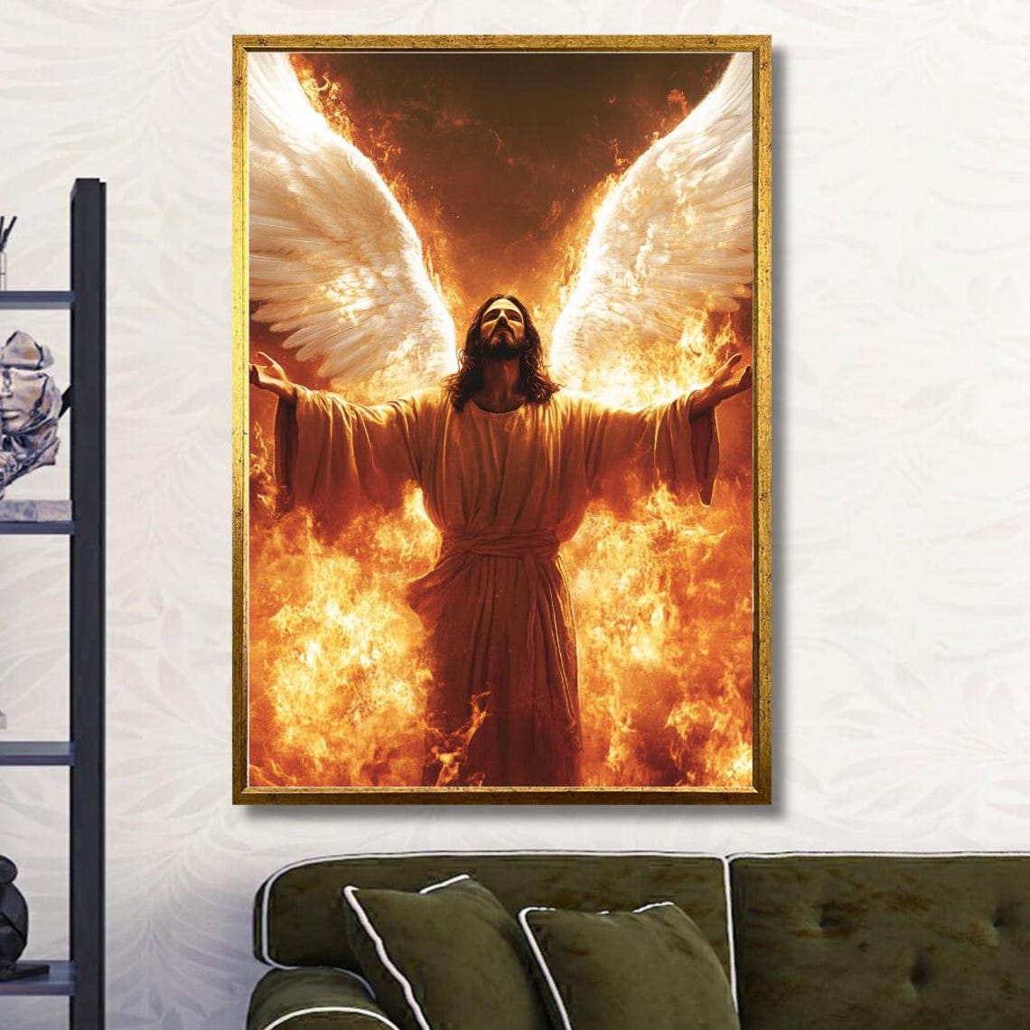 Jesus With Angel Wings Amid Sacred Flames Divine Spiritual Poster - Image 3