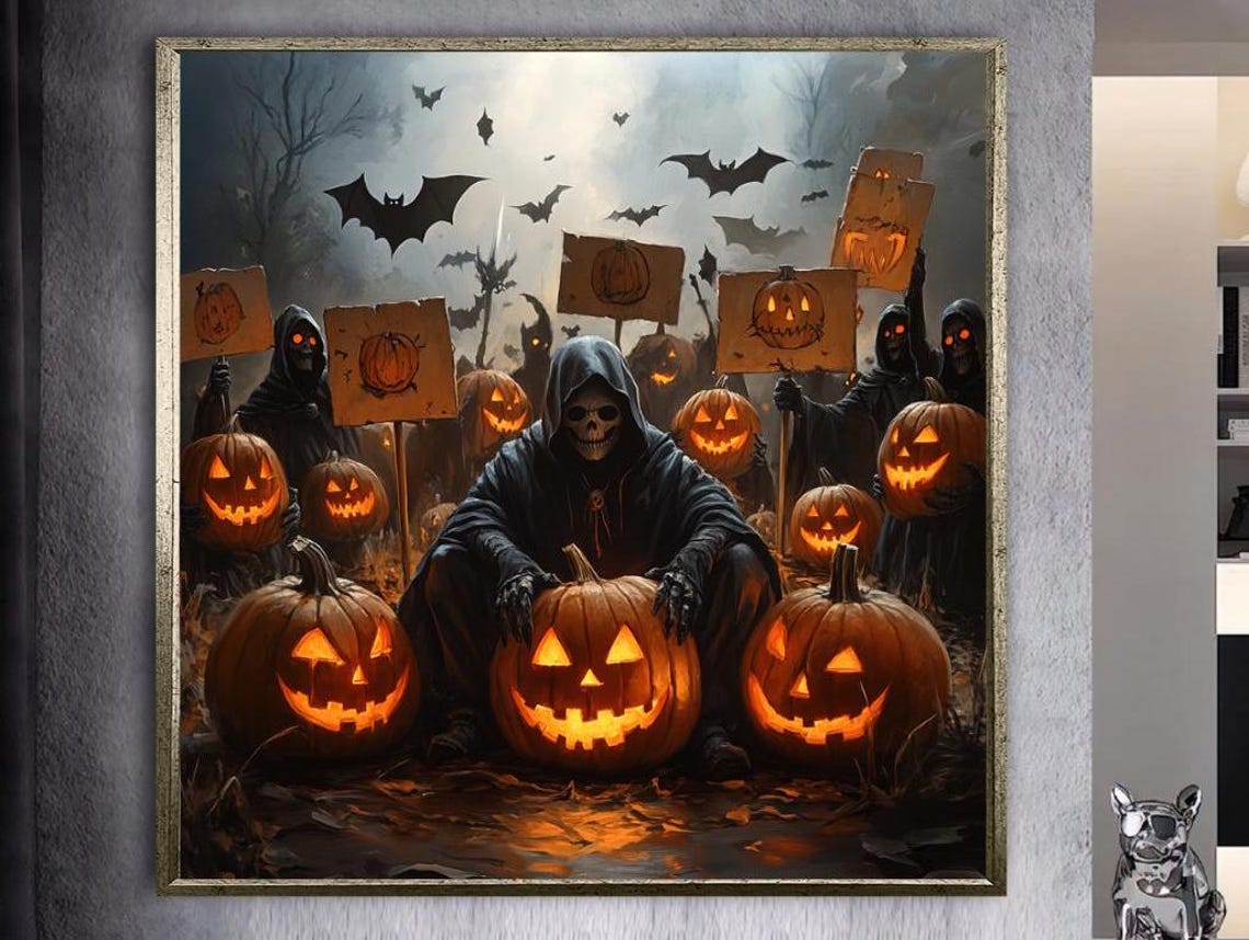 Grim Reaper Among Glowing Jack O Lanterns Spooky Halloween Poster