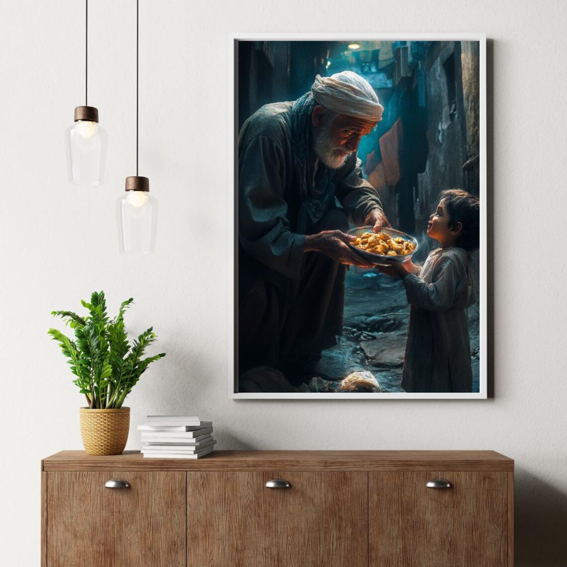 Elder Giving Food to Child Kindness Dramatic Light Art Poster - Image 3