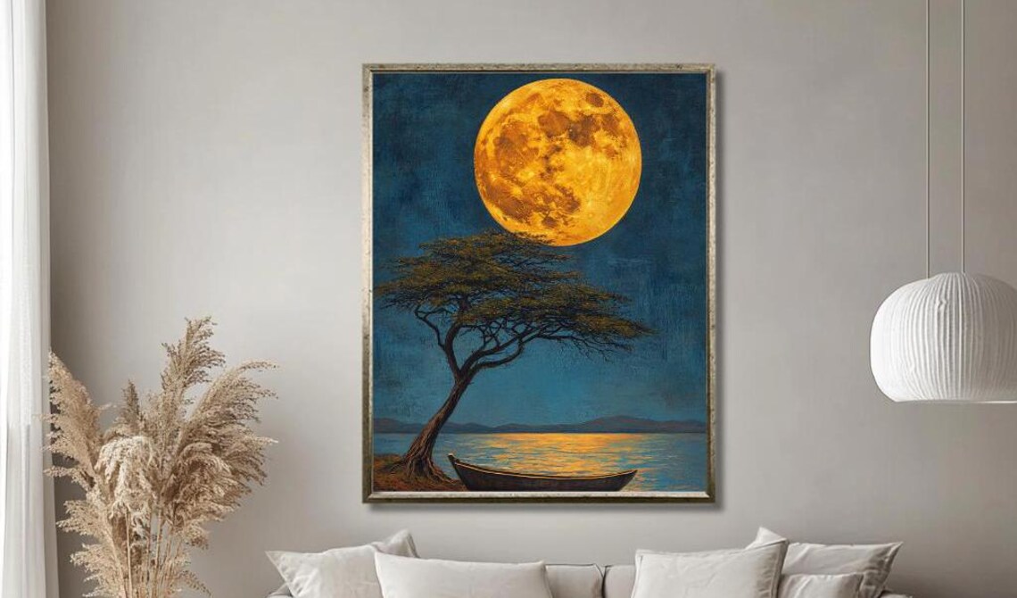 Huge Golden Moon Over A Lake With Windswept Tree And Boat Poster