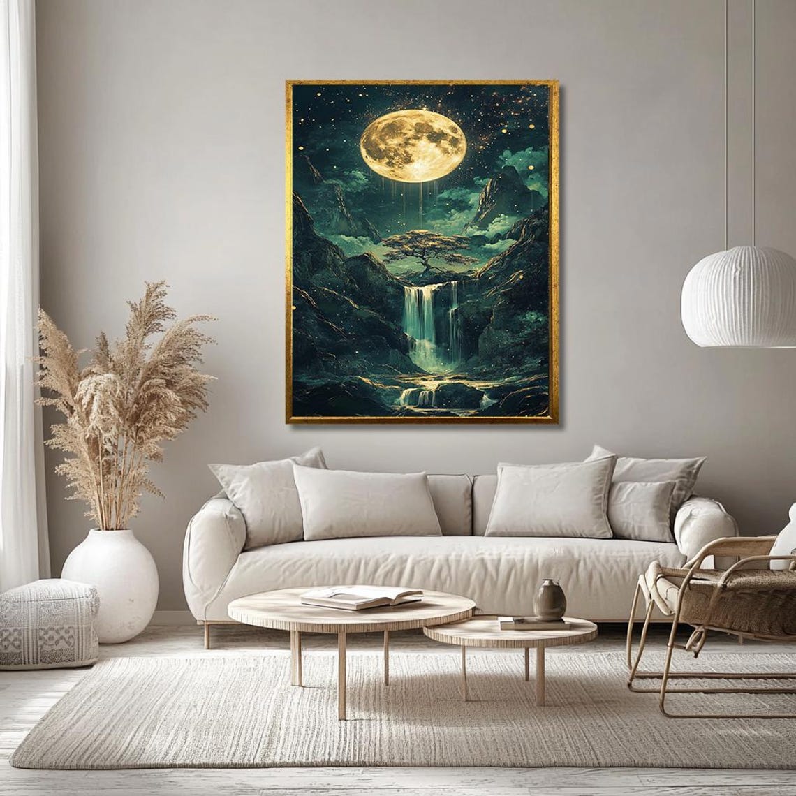 Dreamy Surreal Full Moon Over Waterfall Night Landscape Art Poster - Image 3