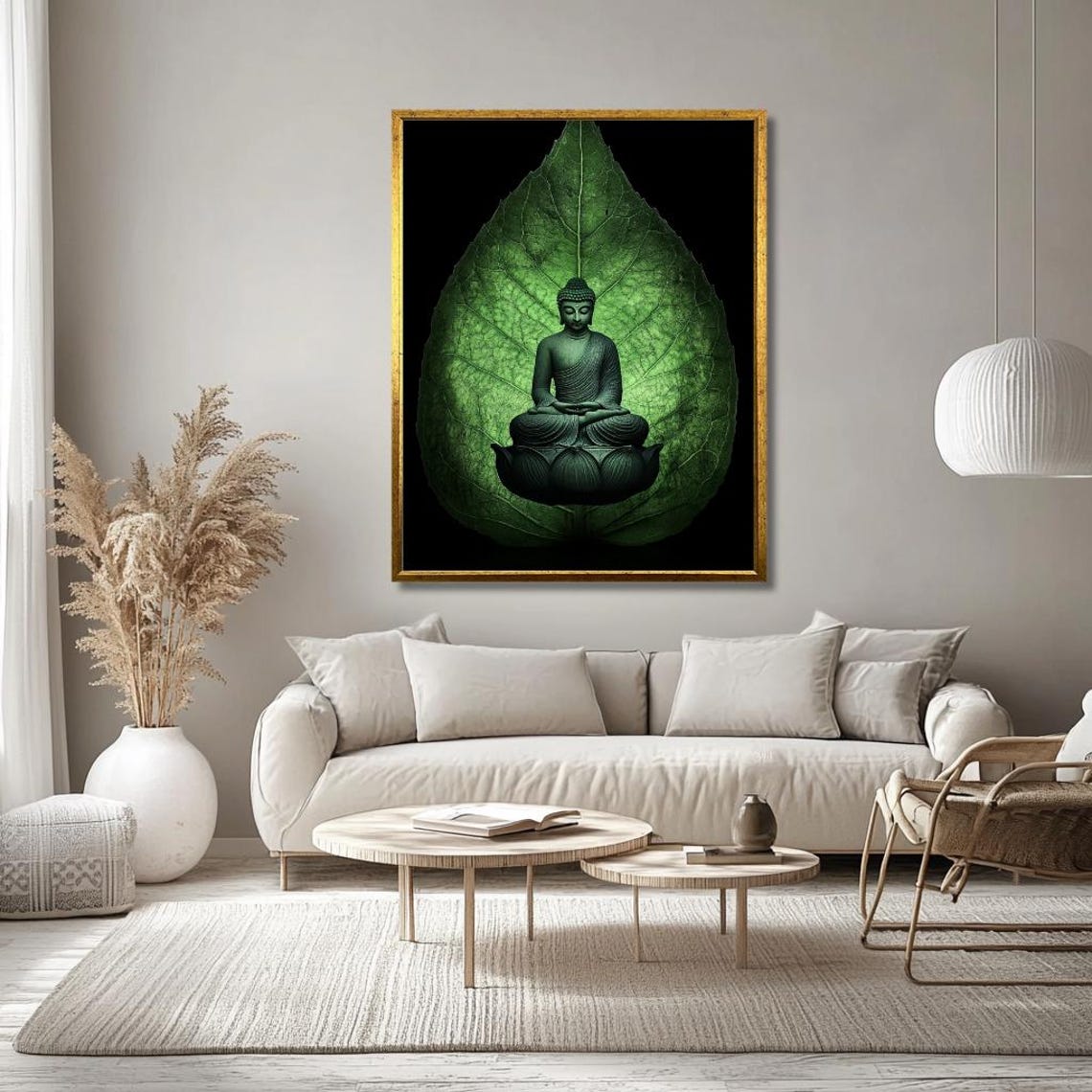 Meditating Buddha On Lotus Inside Giant Green Leaf Zen Poster - Image 3