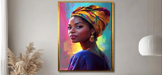 Vibrant African Woman Wall Art Colorful Portrait Painting With Headwrap Unique Wall Decor For Living Rom