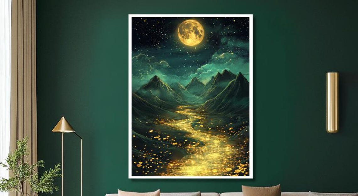 Full Golden Moon Over Dark Mountains With Glowing Golden River Poster - Image 3