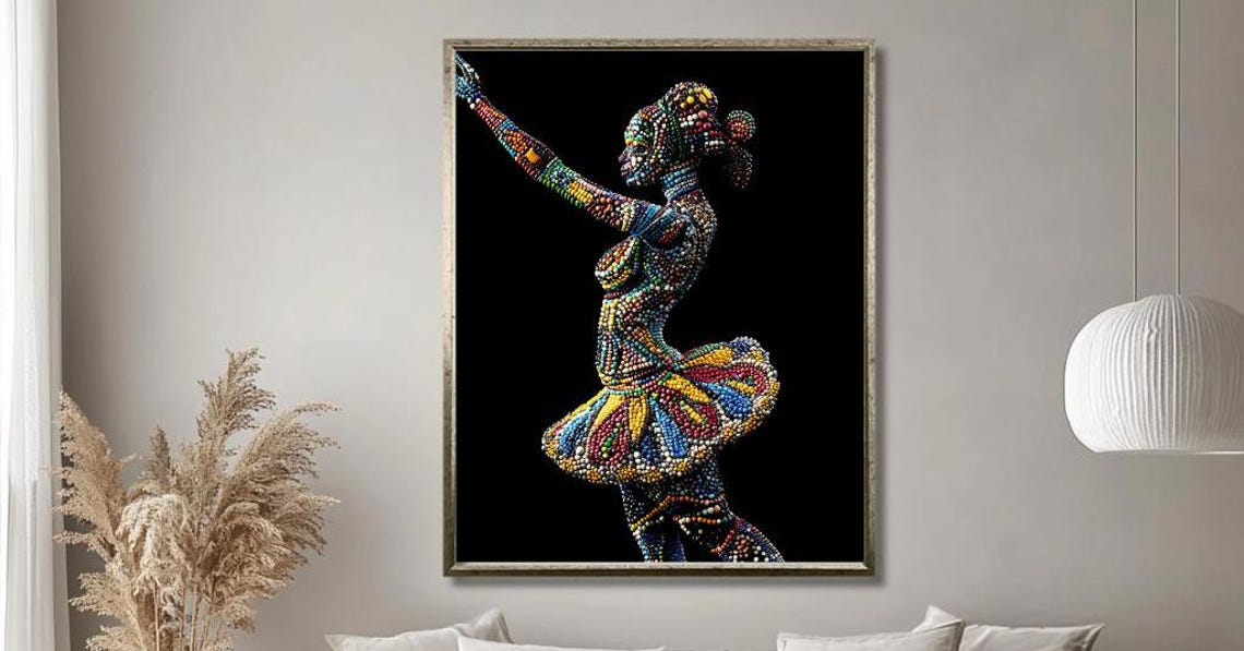 Colorful Ballerina Wall Art Vibrant Beaded Dancer Silhouette On Black Background Elegant And Artistic Decor For Living Room