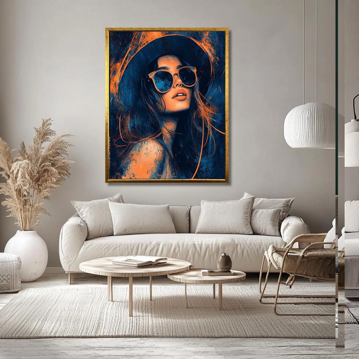 Modern Woman with Hat and Sunglasses in Teal and Orange Poster - Image 3
