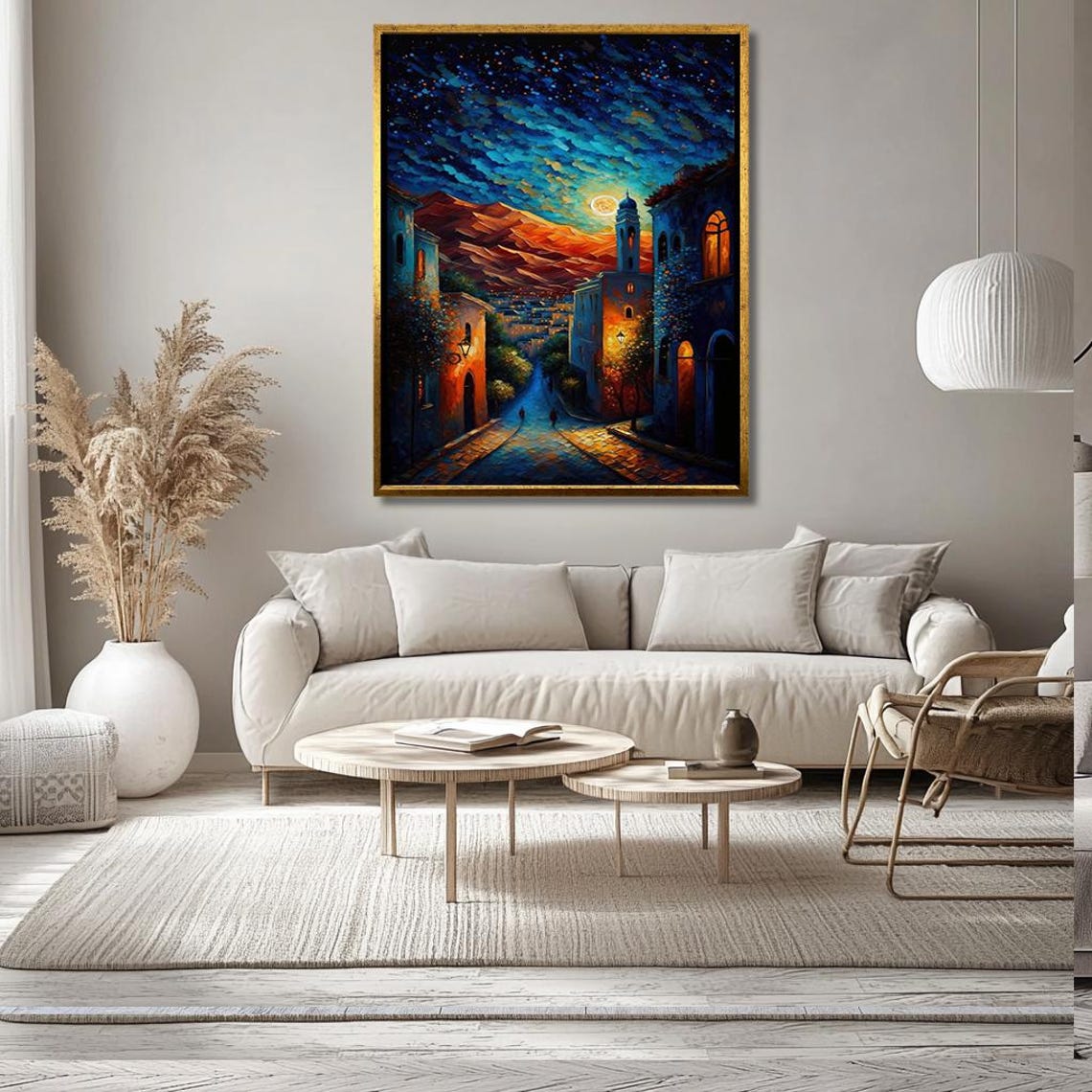 Starry Night Village Street Moonlit Impasto Painting Night Poster - Image 3