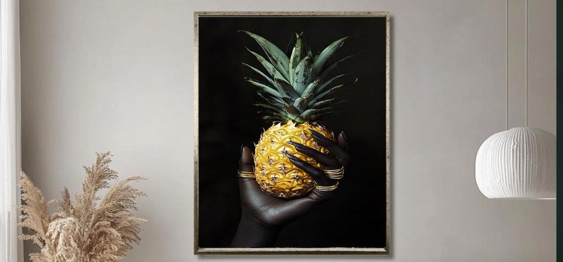 Modern Black And Gold Pineapple Art Print Luxury Hand Holding Pineapple Wall Decor Dark Minimalist Wall Art For Living Room