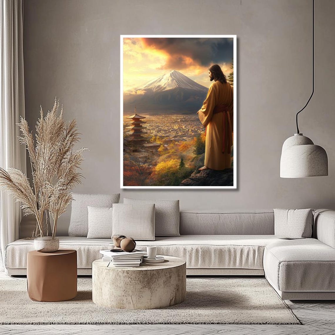 Mount Fuji Sunset Wall Art Japanese Pagoda Religious Print Spiritual Mountain Landscape Wall Decor - Image 3