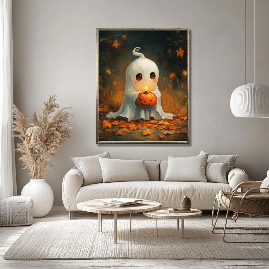 Cute Little Ghost Holding a Jack O Lantern Among Autumn Leaves Poster - Image 2