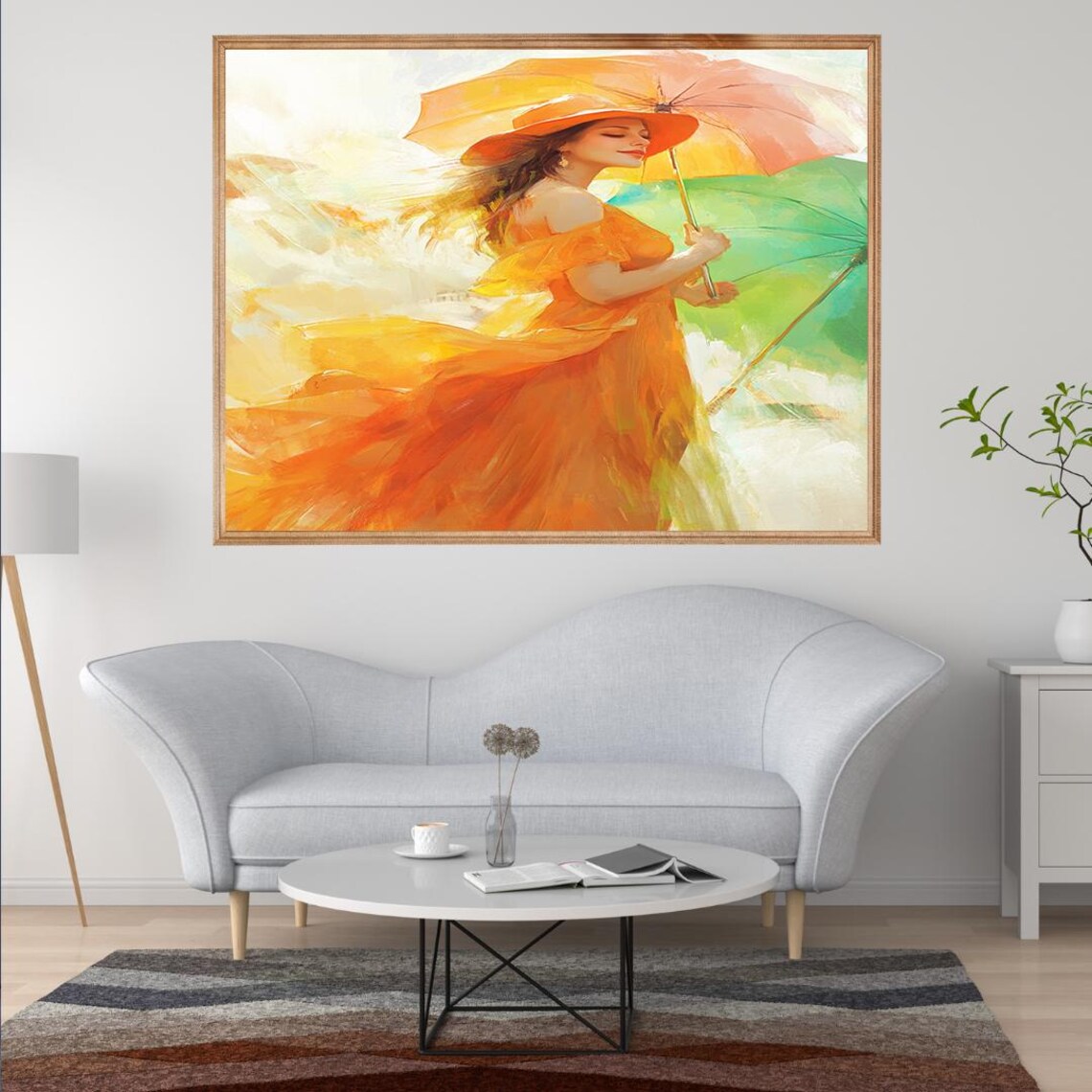 Summer Dance Wall Art Orange Dress Print Whimsical Umbrella Wall Decor - Image 2