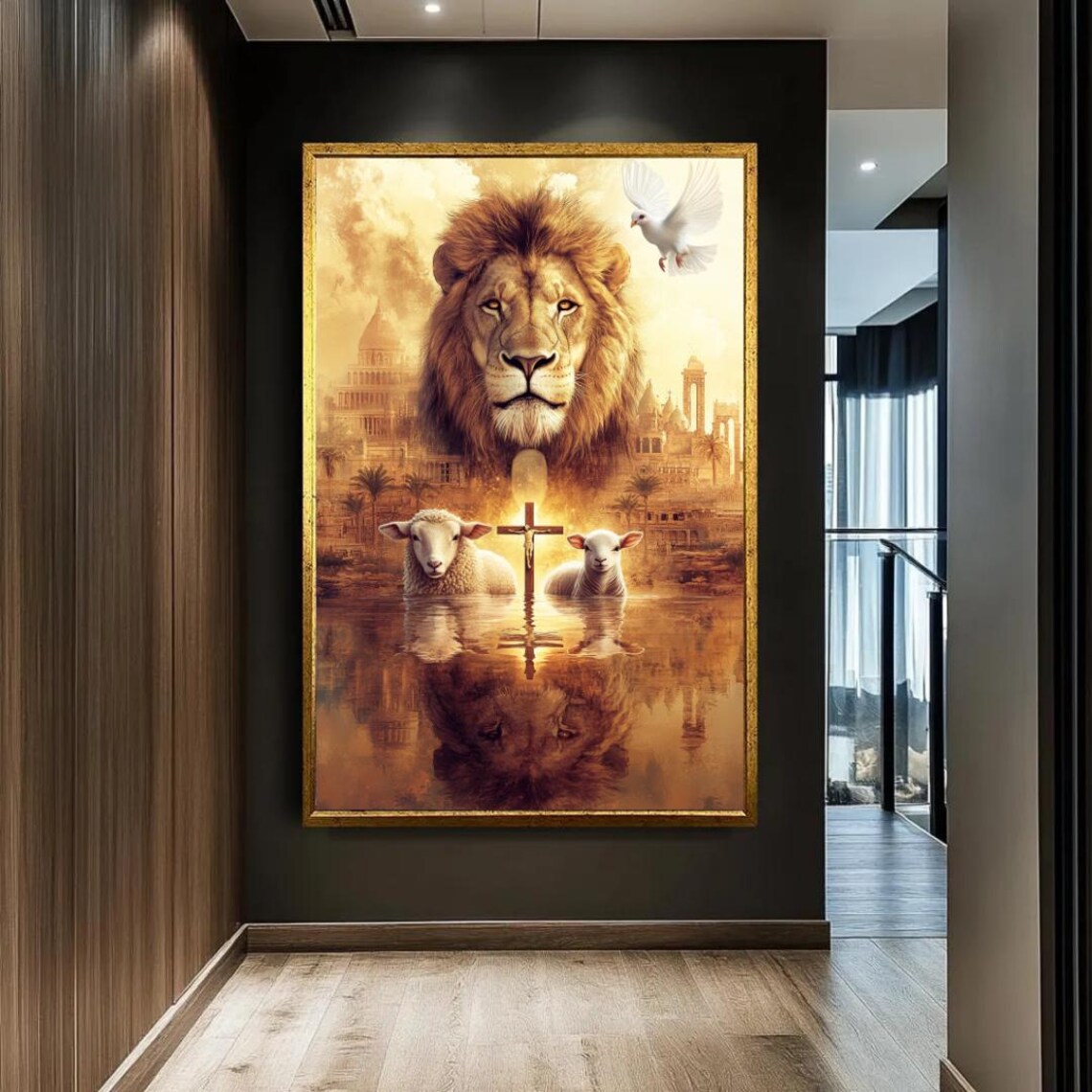 Lion of Judah with Two Lambs Cross and Dove Golden Light Art Poster - Image 2