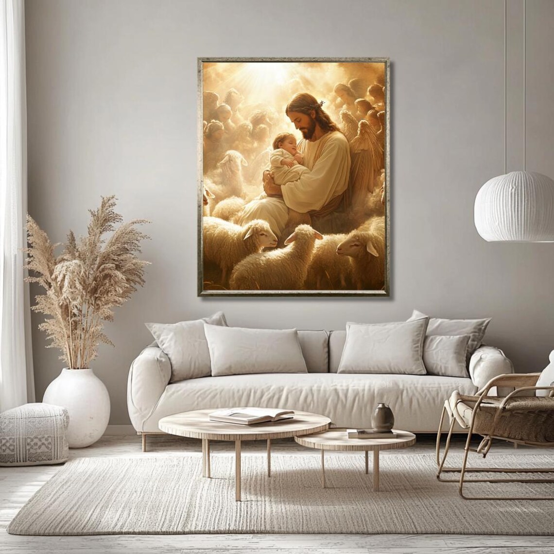 Jesus Holding a Baby Among Angels and Sheep Heavenly Art Poster - Image 2
