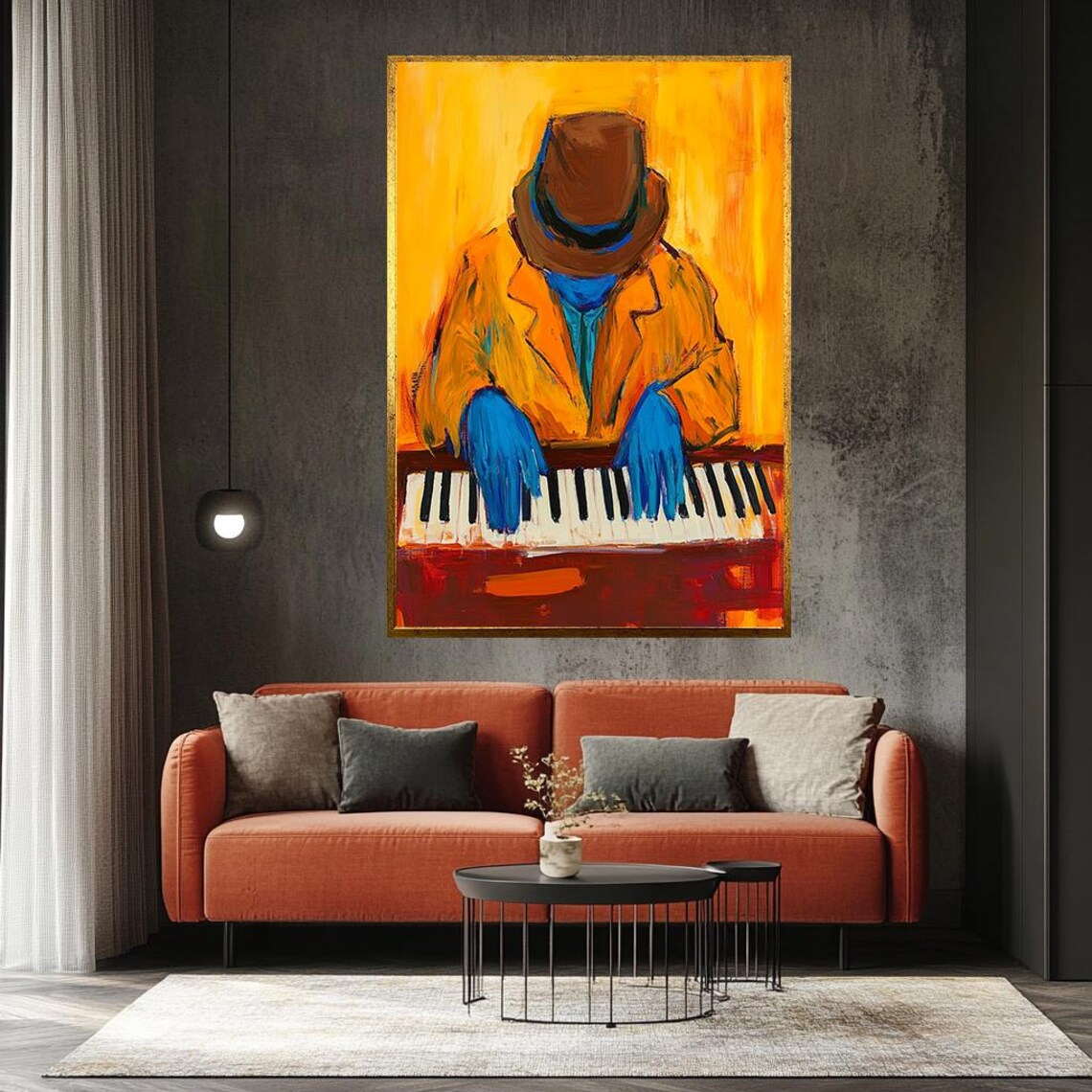 Jazz Pianist In Fedora With Blue Hands On Expressive Orange Keys Poster - Image 3