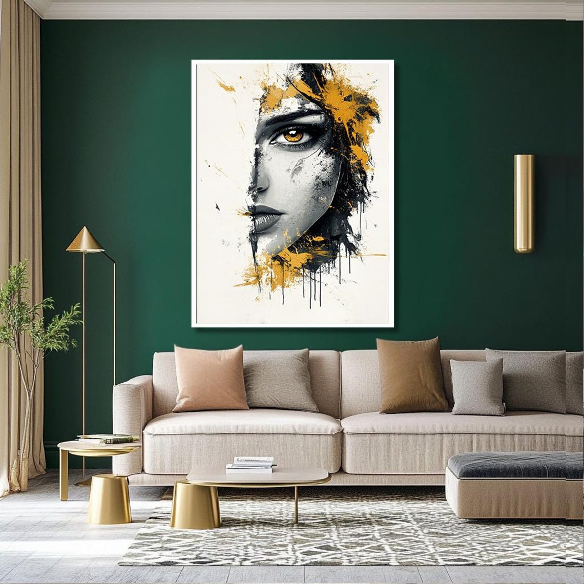 Modern Abstract Woman Portrait Wall Art Minimalist Face Painting With Bold Gold And Black Accents For Living Room Decor - Image 2