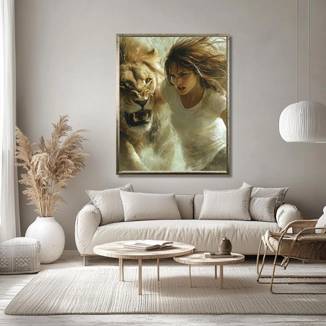 Fierce Warrior Woman Charging Beside a Roaring Lion Art Poster - Image 2