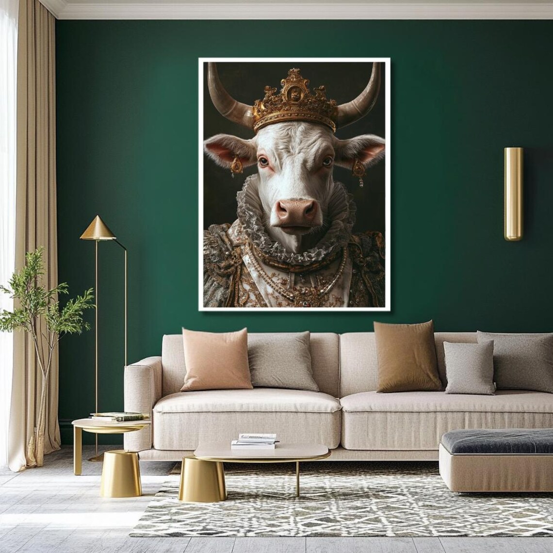 Majestic White Cow Wearing Golden Crown Baroque Royal Poster - Image 2