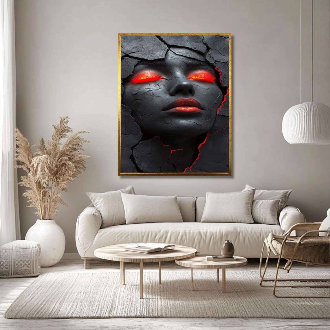 Cracked Black Stone Face With Glowing Red Lava Eyes Dark Art Poster - Image 3