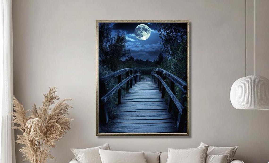 Moonlit Bridge Wall Art Tranquil Night Landscape With Wooden Pathway And Full Moon Serene Nature Decor For Living Room Large