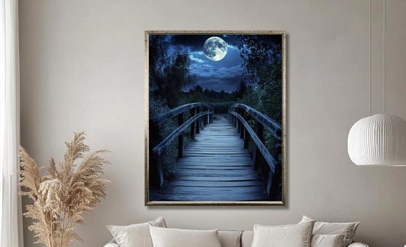 Moonlit Bridge Wall Art Tranquil Night Landscape With Wooden Pathway And Full Moon Serene Nature Decor For Living Room Large