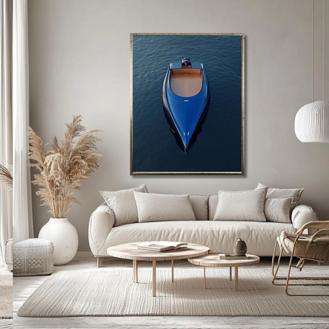 Elegant Blue Boat Art Print Minimalist Nautical Wall Decor Tranquil Water Scene For Modern Living Room Luxury Coastal Wall - Image 3