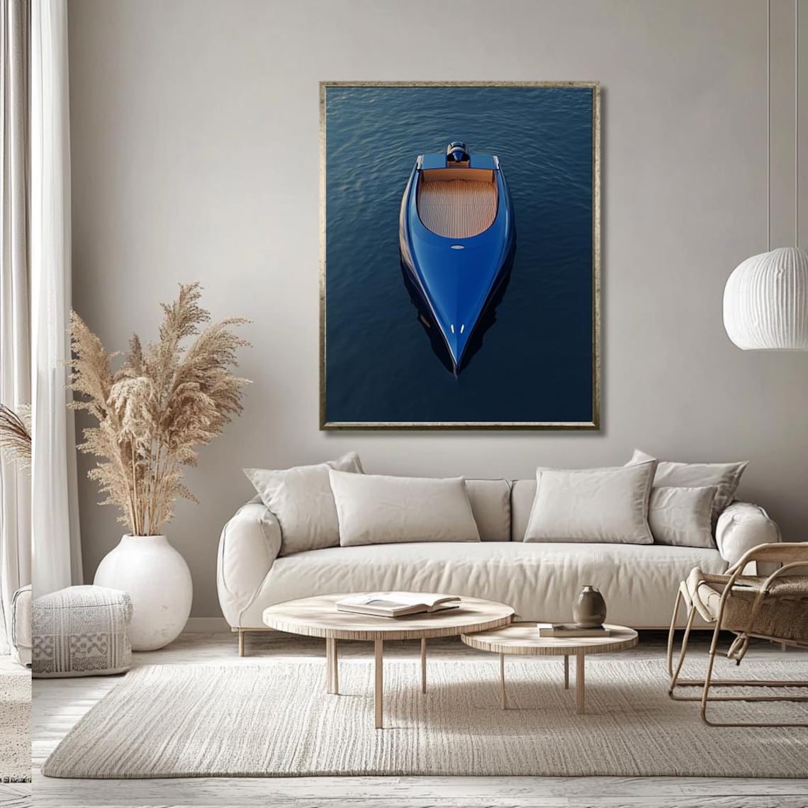 Elegant Sleek Blue Boat Aerial View Calm Water Minimalist Poster - Image 3