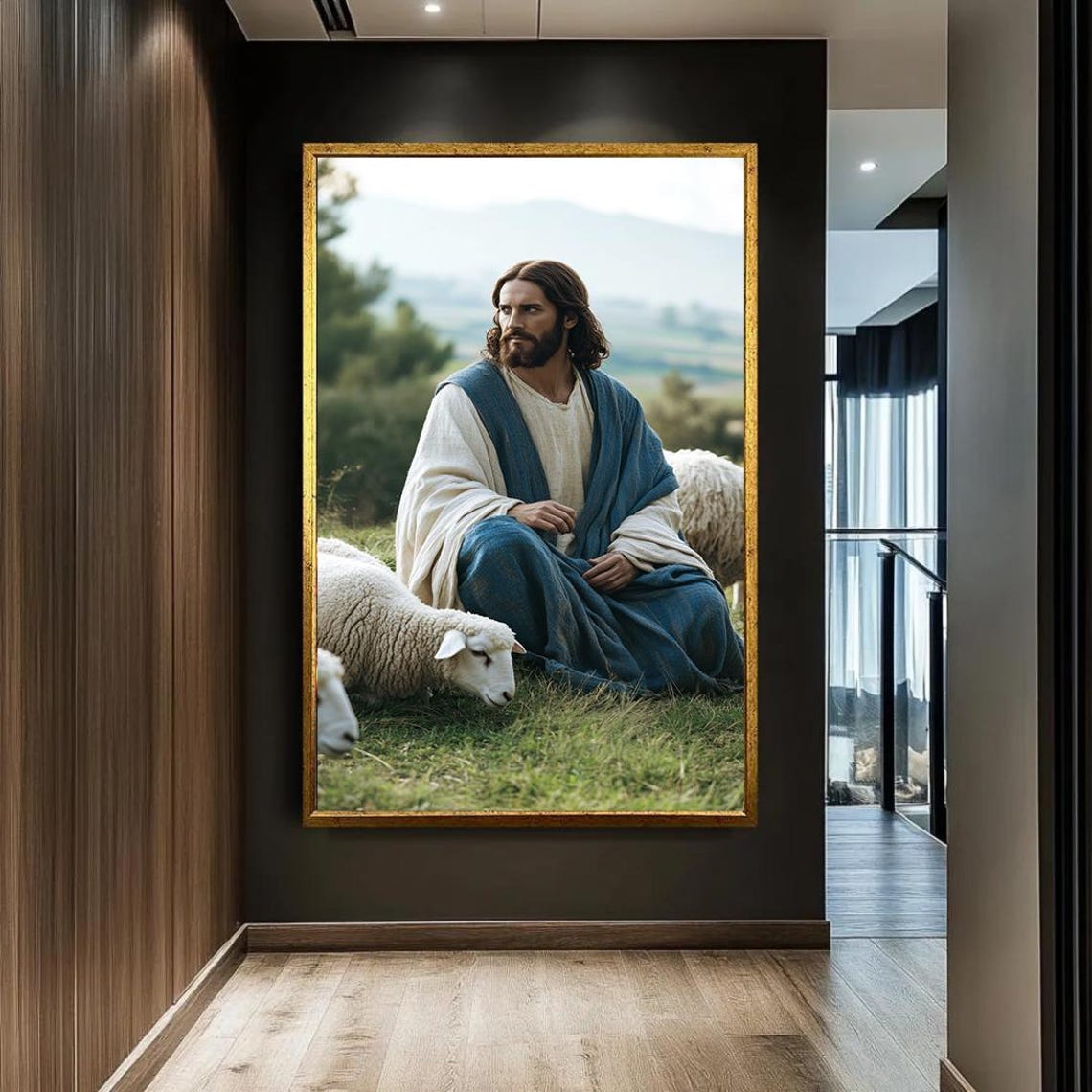 Jesus Christ Resting In Green Meadow With Sheep Flock Poster - Image 2