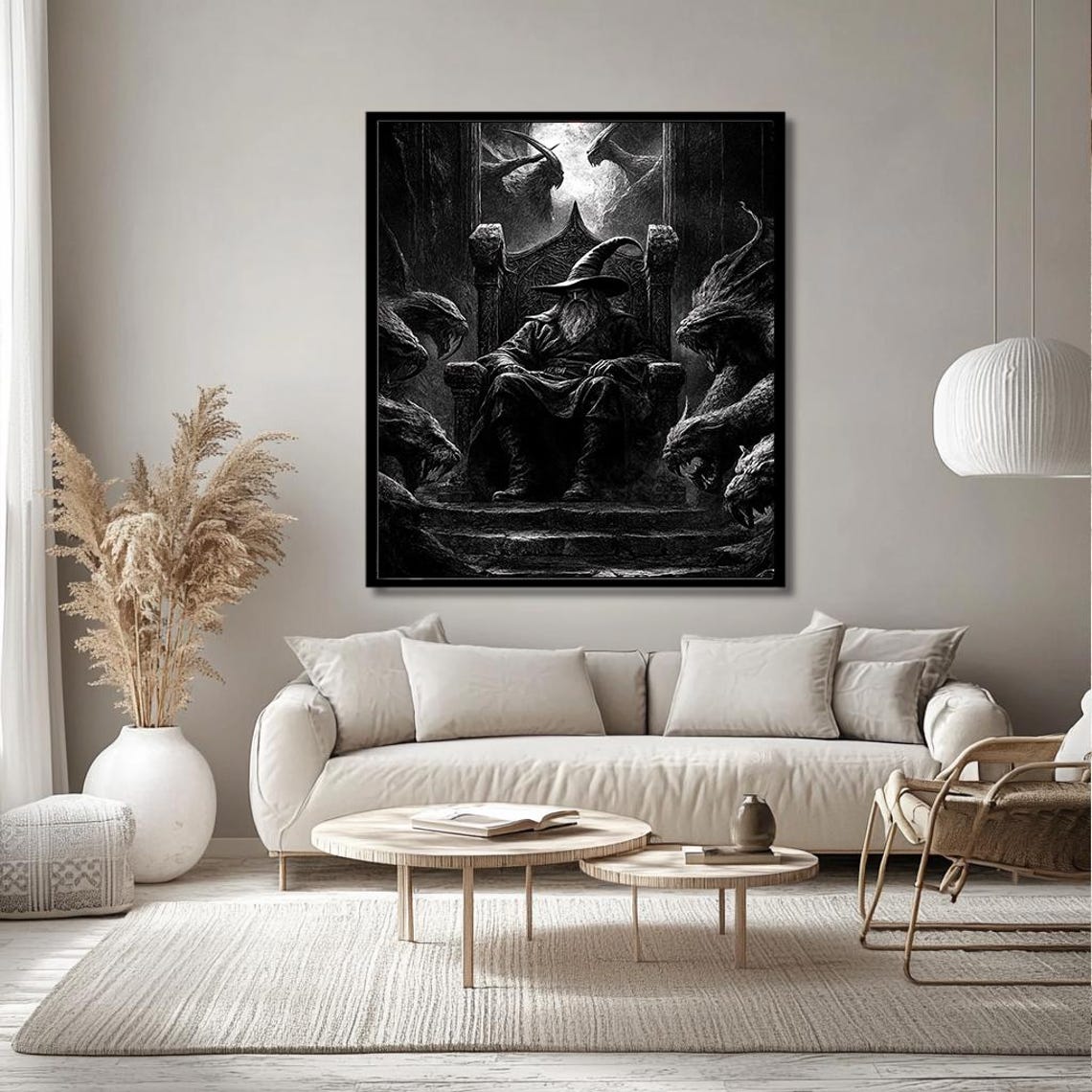Monochrome Wizard on Dragon Throne Black and White Fantasy Poster - Image 3
