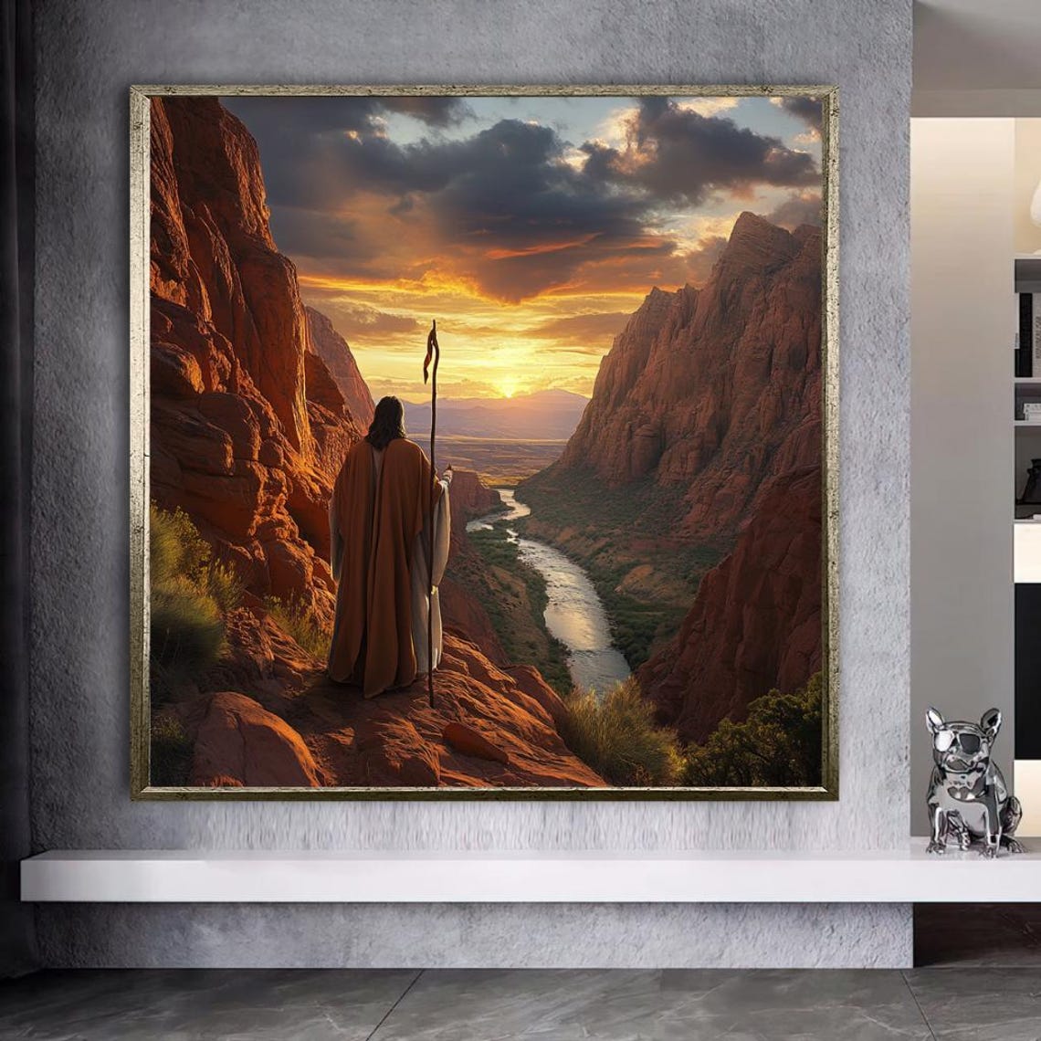 Jesus Overlooking River Canyon at Sunset With Walking Staff Poster - Image 3