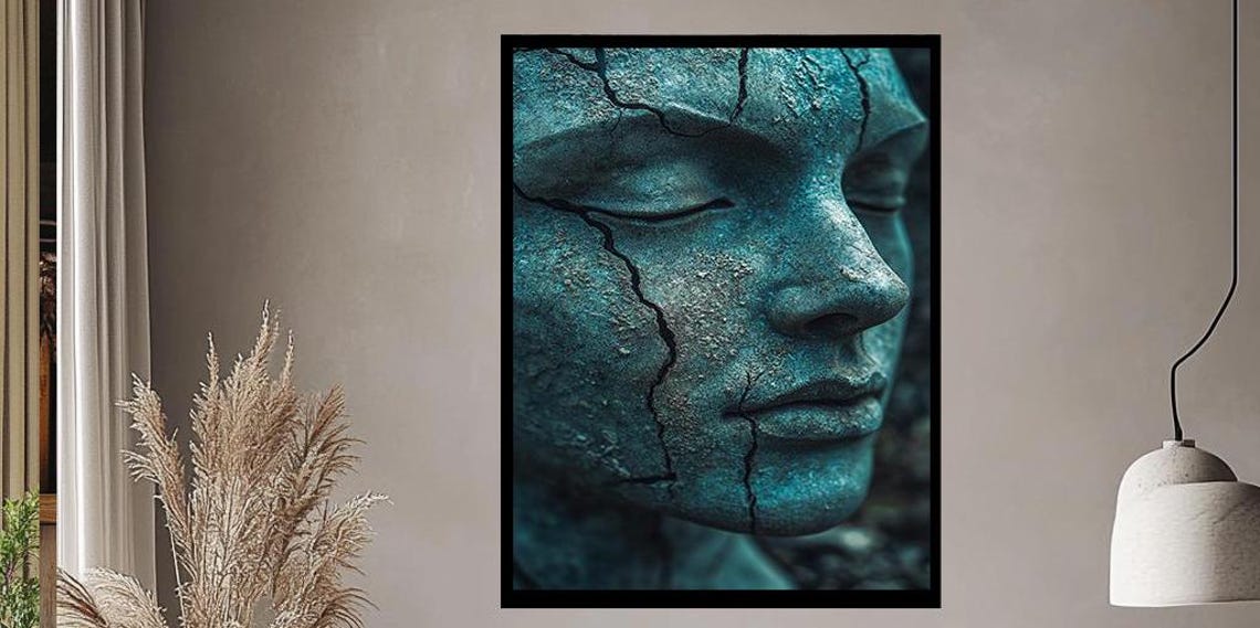 Cracked Teal Ancient Stone Face Sculpture Close Up Art Poster