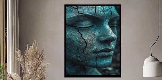 Cracked Teal Ancient Stone Face Sculpture Close Up Art Poster