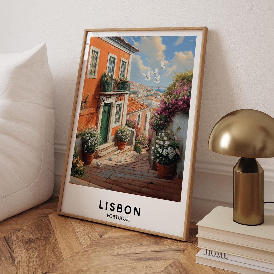 Lisbon Portugal Alley Oil Painting Poster Orange House Flower Pots Art