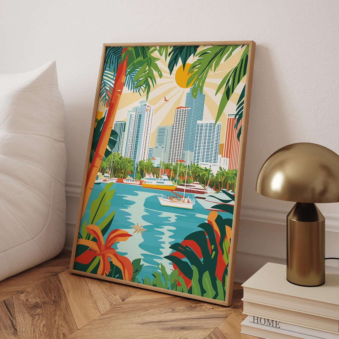 Miami Harbor Skyline Palm Sunshine Vintage Travel Art Poster