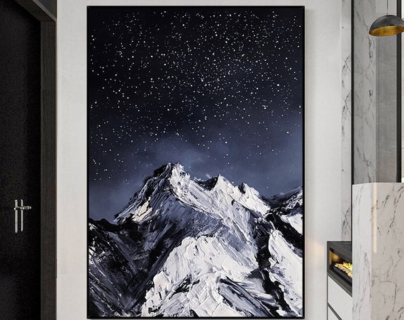 Snowy Mountains With Starry Night Acrylic Painting On Hand Painted Thick Texture Wall Decor Nighttime Winter Art Romantic Gift