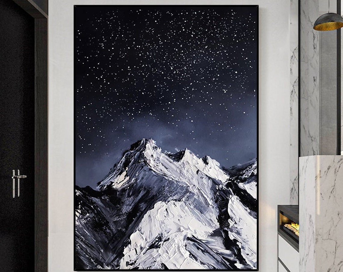 Snowy Mountains With Starry Night Acrylic Painting On Hand Painted Thick Texture Wall Decor Nighttime Winter Art Romantic Gift