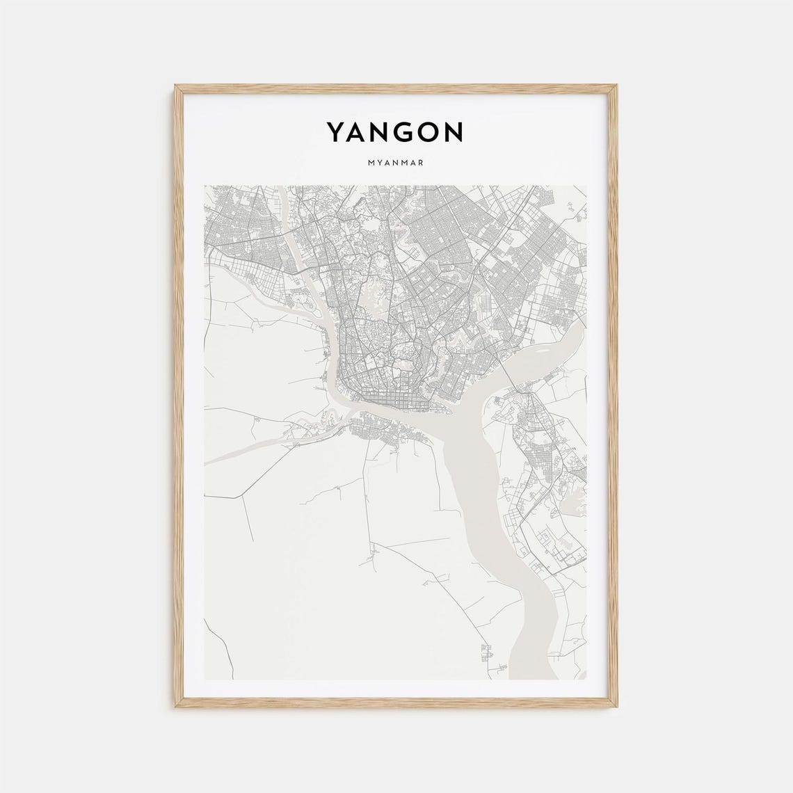 Yangon Myanmar Minimalist Black and White City Street Map Art Poster