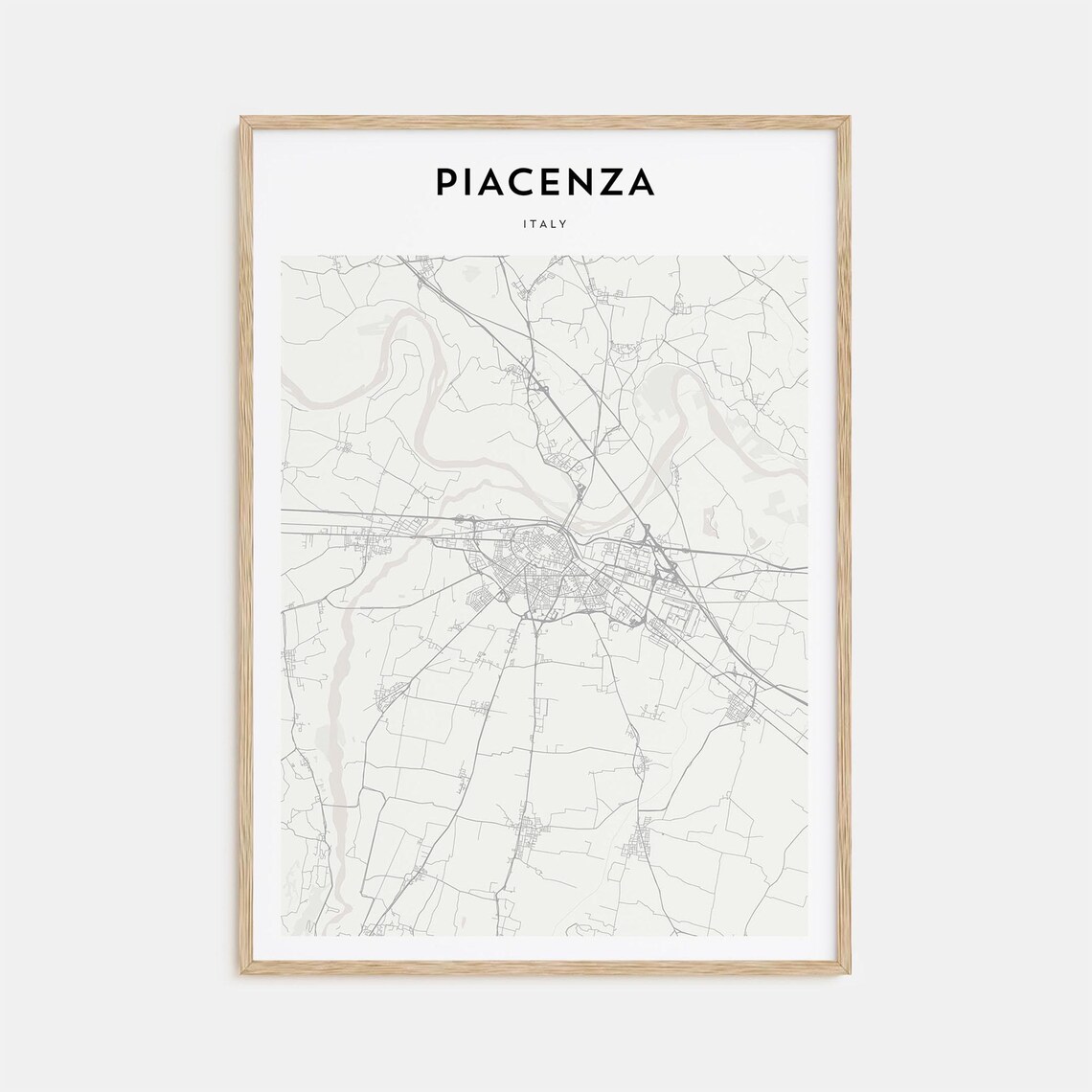 Minimalist Piacenza Italy City Street Map Poster in Neutral Gray Tones