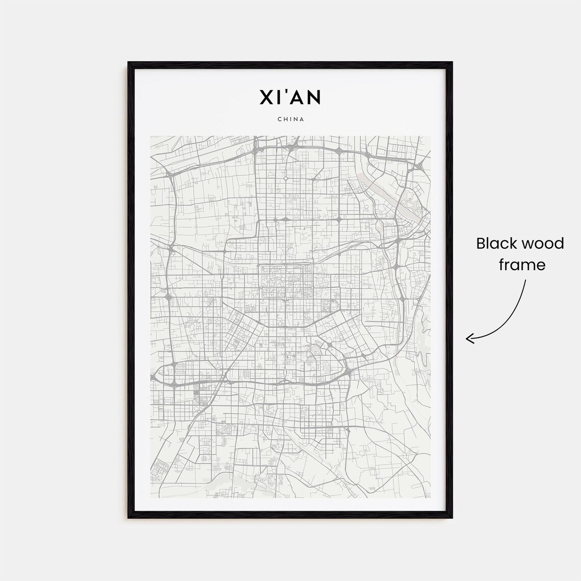 Xi'an China Minimalist Monochrome City Street Map Travel Poster - Image 3
