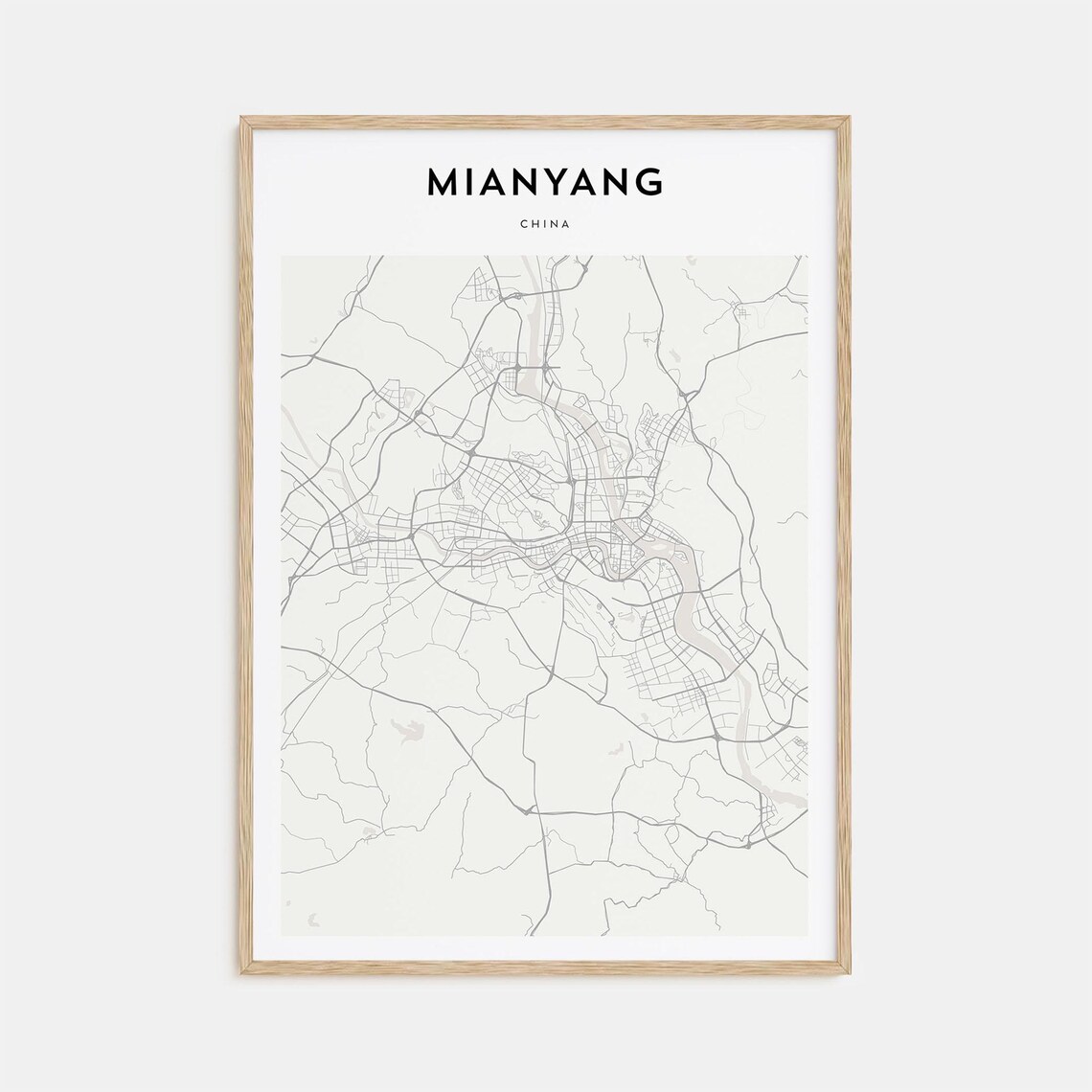 Mianyang China Minimalist Light Gray Inland City Street Map Poster