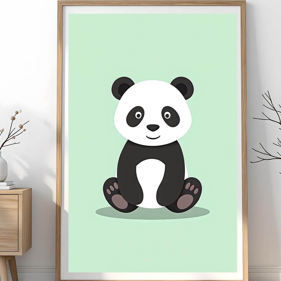 Cute Baby Panda Cartoon Poster on Soft Mint Green Nursery Background