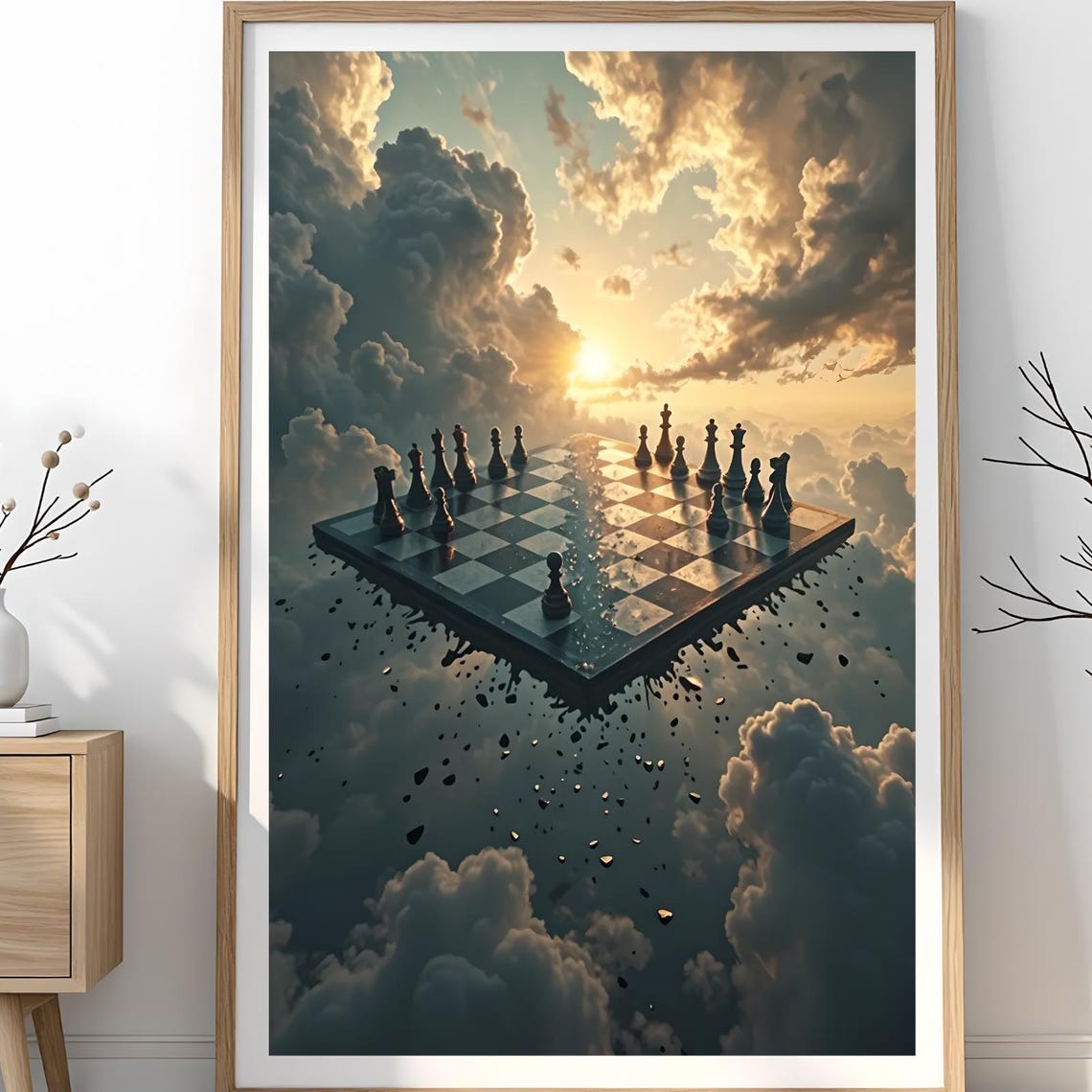 Surreal Floating Chessboard Sunset Clouds Fantasy Dream Art Poster