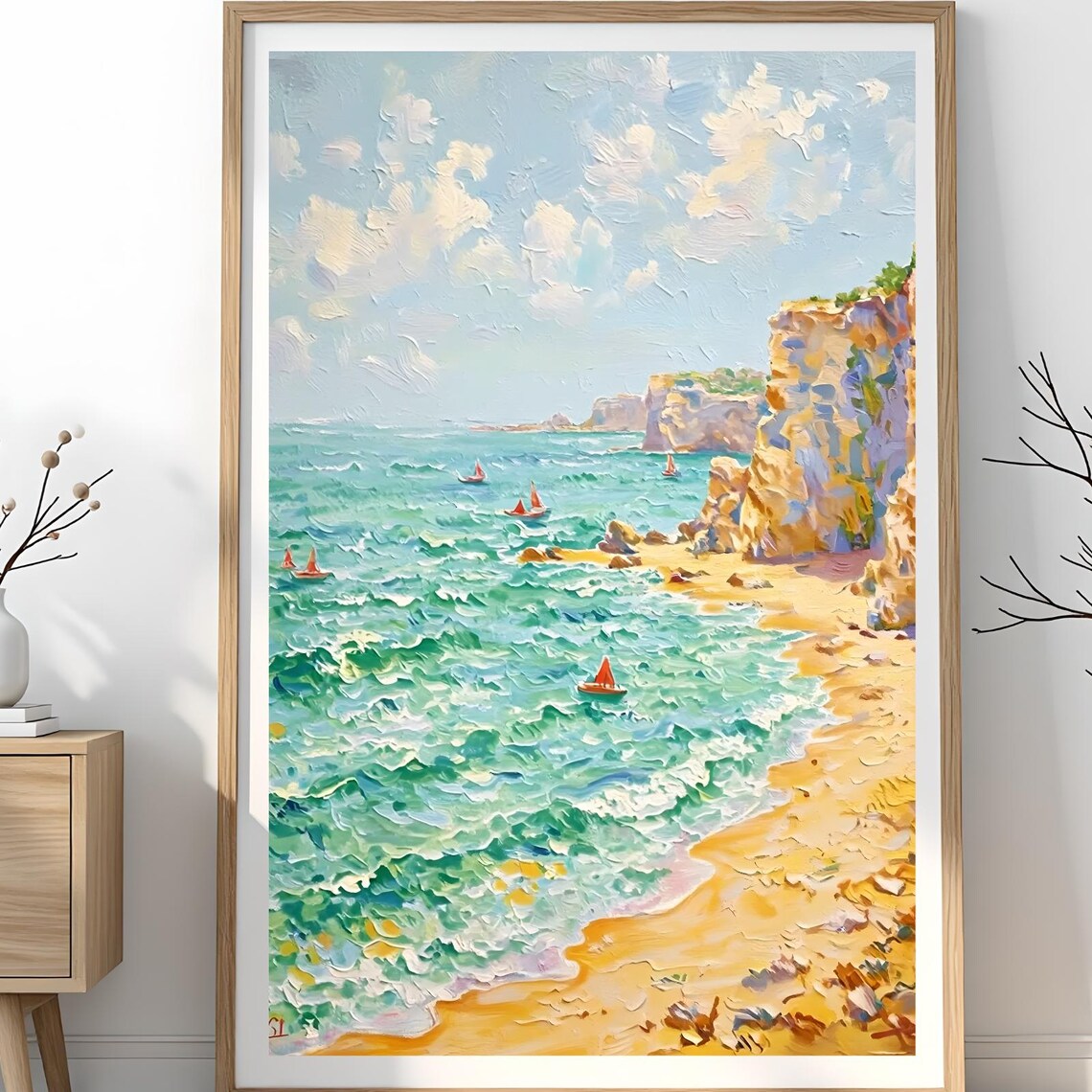 Mediterranean Seascape Impressionist Beach Cliffs Sailboats Wall Art